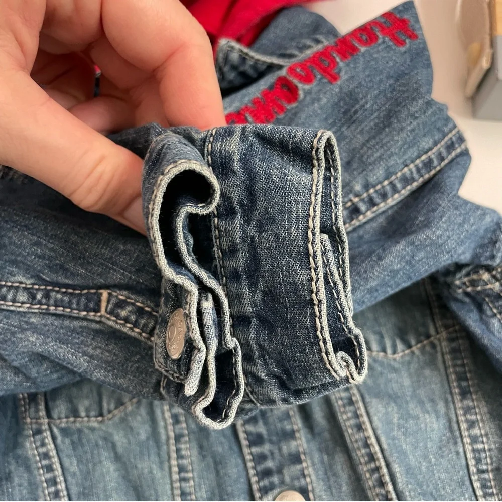 Gap Baby Jacket Denim Embroidered Handsome Devil Removable Hood Pockets Blue Red